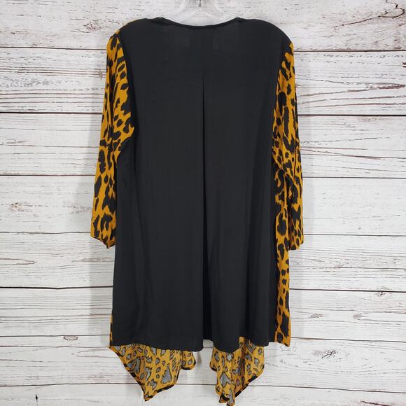 Glam Black Leopard Print Contrast Roll Tab Open Cardigan Size Medium - Picture 12 of 15